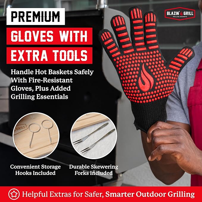Blazin' Grill Rolling Grill Basket | Rolling Grilling Baskets for Outdoor Grilling 2 Pcs | Barbecue Grill Set with BBQ Gloves | Portable Camping Net Rack Perfect for Vegetables, Seafood & Meat