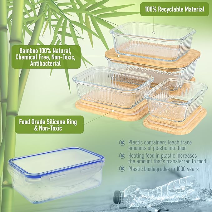dokaworld Ribbed Glass Tupperware Set with Bamboo Lids - 4 Stackable Meal Prep Containers. Durable heat resistant Inert Borosilicate Glass