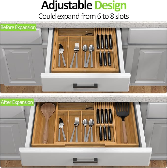 Thalomely Bamboo Kitchen Drawer Organizer, Expandable Silverware Organizer with Removable Knife Block, 6-8 Slots- Utensil Holder & Cutlery Tray Drawer Dividers, 2.36" Deep for Extra Capacity, Natural