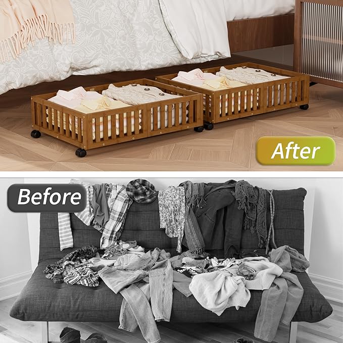 Bamboo Under Bed Storage with Wheels,Rolling Underbed Shoe Organizer Box for Shoes,Blankets,Toys,Clothes Container Space-Saving Bins for Bedroom,Closet,Dorm,Nursery