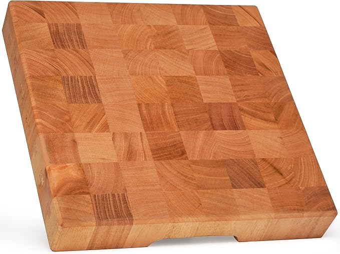 SHUMARU Mahogany End Grain Cutting Board 12.6×12.6×2 in with Holder – Handmade Checkered Butcher Block, Knife-Friendly, Non-Slip Feet, Ergonomic Handles