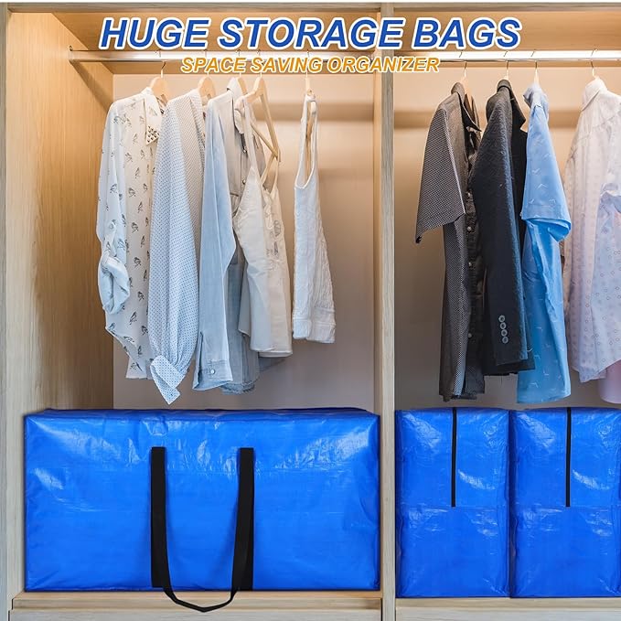 Windyun 4 Pack 57 Gallon Extra Large Moving Bags XXL Heavy Duty Storage Bag with Strong Zipper Handle Jumbo Big Tote Box Foldable for College Dorm Travel Clothes Duffle Blanket Pillow(Blue)