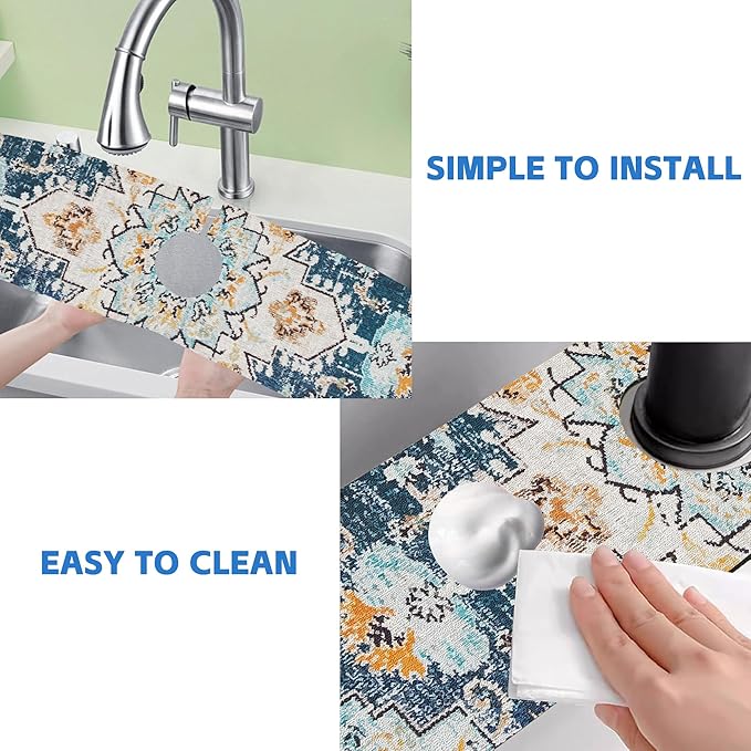 Oriental Blue Turkish Carpet Pattern Sink Faucet Absorbing Mat Sink Splash Guard Faucet Mat Draining Mat Fast Drying Sink Protectors for Kitchen and Bathroom 5.5"×24"