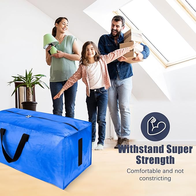 12 Pack Large Strong Moving Bags with Zippers & Carrying Handles - Water-Resistant - Heavy Duty Storage Tote for Space Saving, Fold Flat, Alternative to Moving Box (Sky Blue)