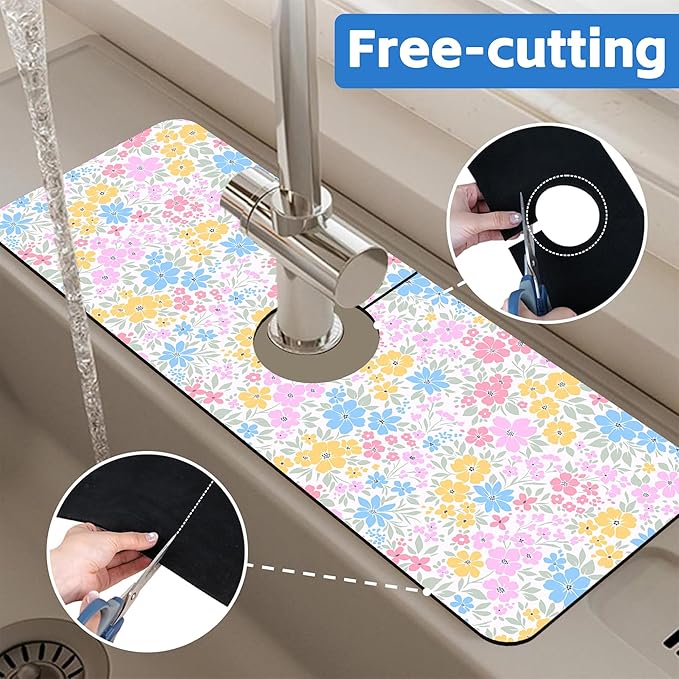 Retro Floral Cute Wildflowers Dish Drying Mat for Kitchen Sink Splash Guard Behind Faucet Sink Mat Absorbent Fast Drying Faucet Draining Mat for Bathroom Kitchen 5.5"×15"