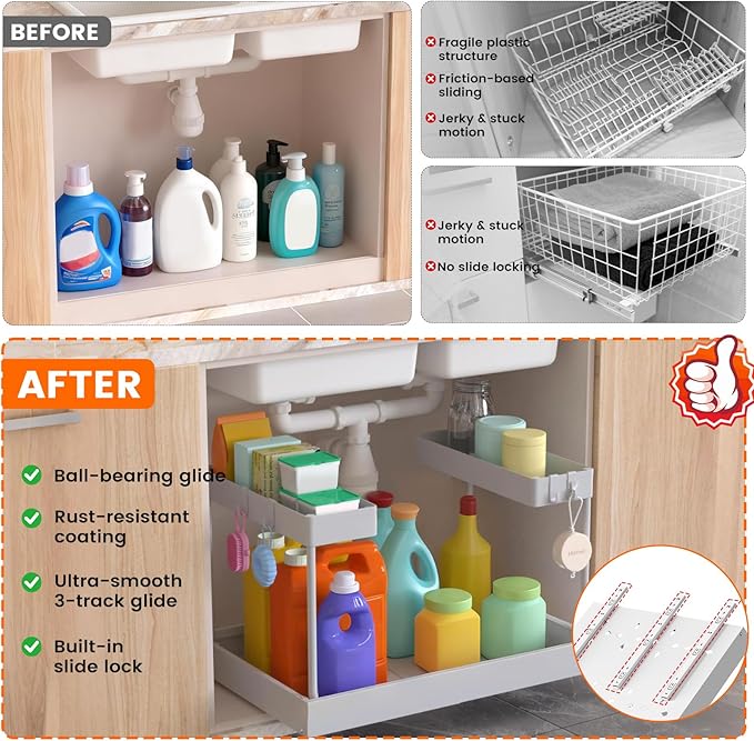 Expandable Under Sink Organizers and Storage,Width Adjustable (14.9-23.6IN),No Drill 2-Tier Pull Out Under Cabinet Organizer for Kitchen Bathroom Laundry White