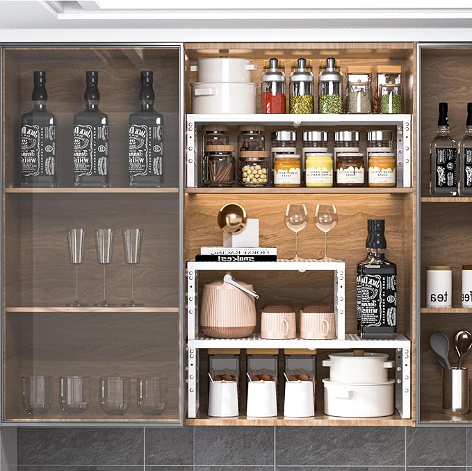 Ipotive Cabinet Shelf,Expandable Adjustable Stackable Kitchen Organizer,for cabinets, Kitchens, countertops, bathrooms Shelf Organizer(3Packs/White,Medium)