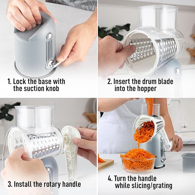 Zulay Kitchen Rotary Cheese Grater 5 Blade Cheese Shredder - Manual Hand Crank Cheese Grater With Reinforced Suction & 5 Interchangeable Drums - Easy to Use, Vegetable Chopper Round Mandoline Slicer