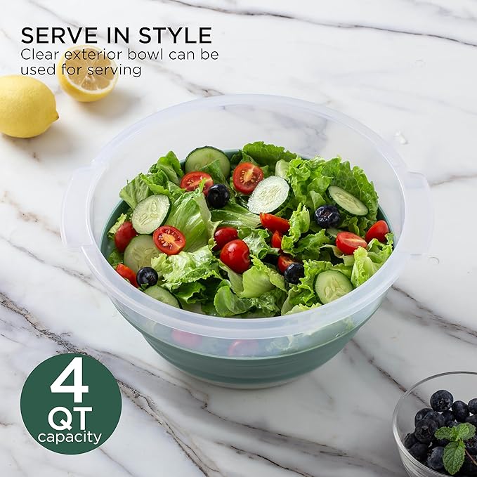 COOK WITH COLOR Collapsible Salad Spinner - 4 QT Space Saving Lettuce Dryer with Folding Collapsible Colander Great for Washing and Drying Fruit and Vegetables (Sage)