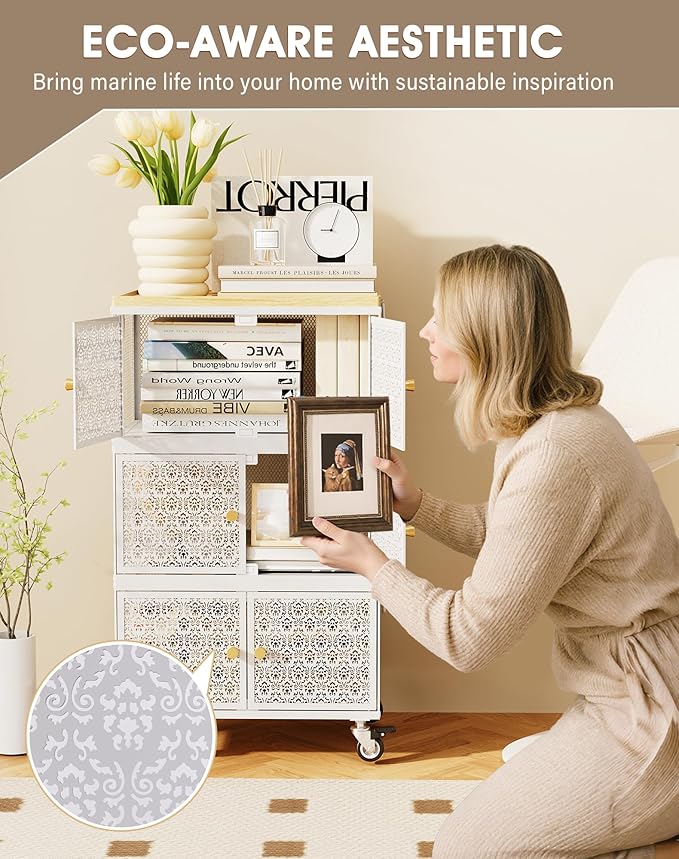 3 Tier Metal Storage Cabinet with wheels, Storage Bins with Magnetic Doors, Storage Cart for Living Room, Bedroom, Bathroom, Laundry, Kitchen