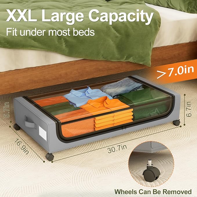 GoMaihe Under Bed Storage with Wheels: XXL Underbed Storage Containers with Lids - Rolling Bins for Shoes Clothes in Dorm Bedroom - Metal Drawers Easy Pull-out Grey 2-Pack