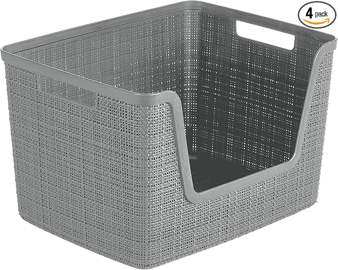 Curver Set of 4 Large 18L Easy Access Jute Decorative Plastic Organization and Storage Baskets - Perfect Bins for Home Office, Closet Shelves, Kitchen Pantry and All Bedroom Essentials, Grey