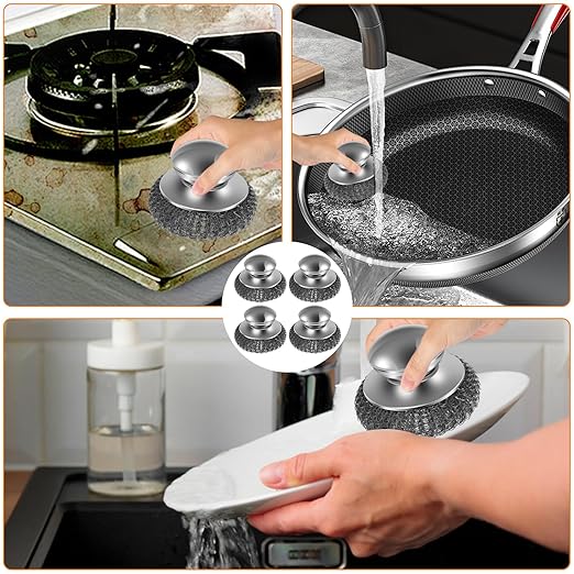 16 Pack Steel Wool Scrubber with 8 PCS Replacement Wire Pads Set, Replaceable Steel Pot Scrubber, Non Scratch Dish Sturdy, for Cleaning Pots, Pans, Grills, Sink