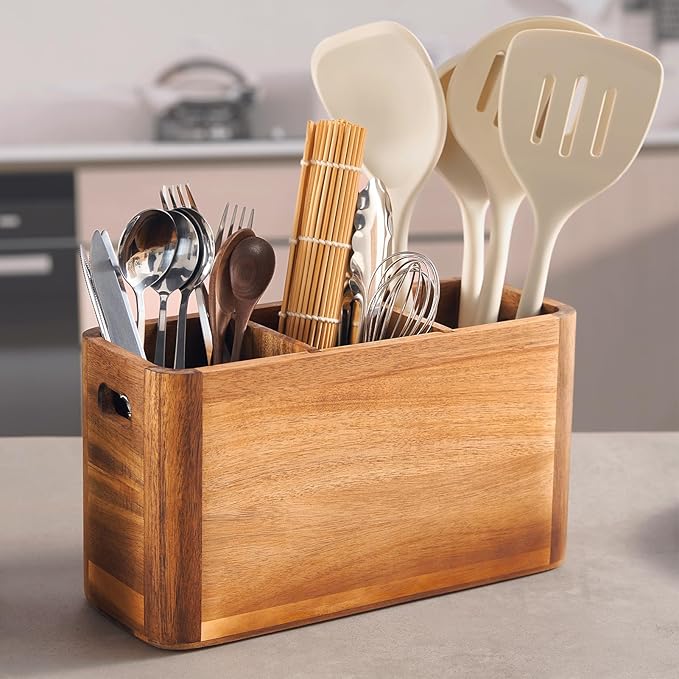 SANOSY 12" Wooden Kitchen Utensil Holder, Extra Large Acacia Wood Organizer for Cooking Tools, Utensils & Cutlery Storage – 3-Compartment Countertop Holder