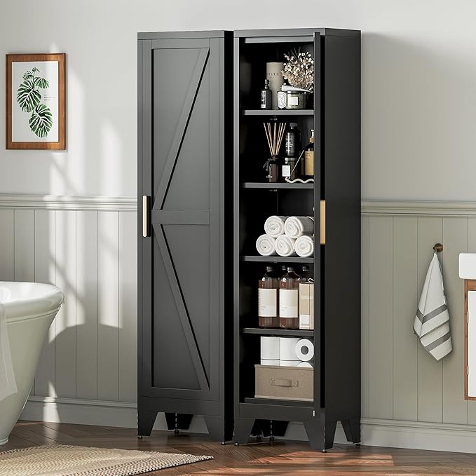 LCAOPC 67" Tall Narrow Bathroom Metal Storage Cabinet with 4 Adjustable Shelves, Freestanding 5 Tier Slim Pantry Storage Cabinet for Small Space, Black