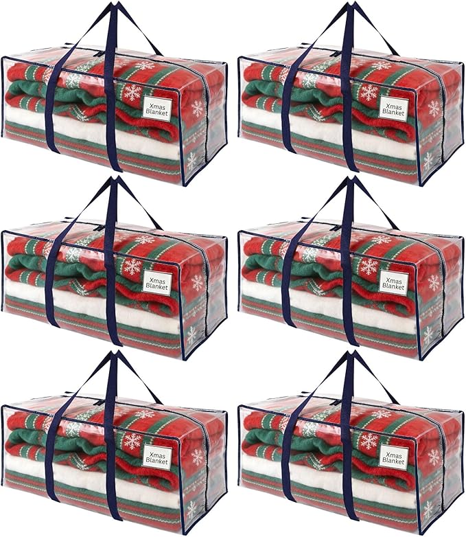 VENO 6 Pack Moving Bags, Christmas Storage Containers, Storage Bins with Lids, Reinforced Wraparound Handles, Packing Bags for Clothes, Bedding, Comforters (Clear, 6 Pack)
