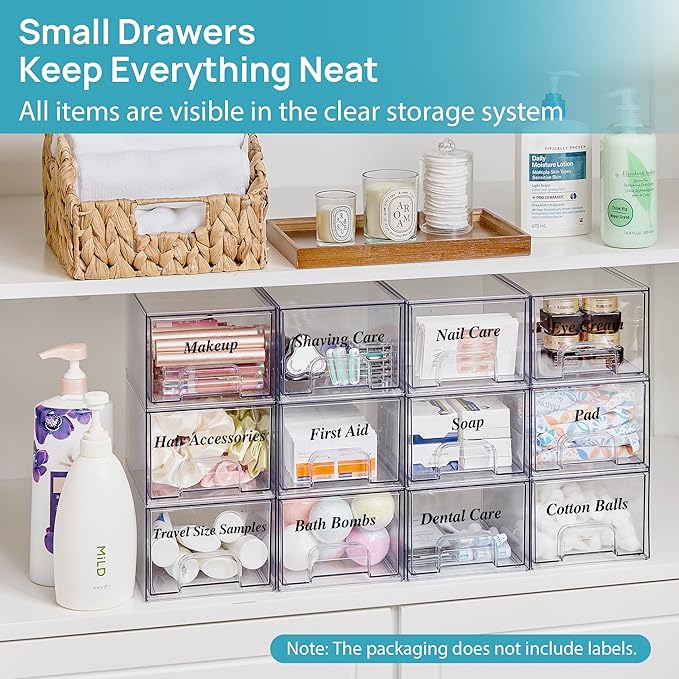 Vtopmart 12 Pack Small Clear Stackable Storage Drawers,Acrylic Bathroom Makeup Organizer,Plastic Storage Bins For Vanity, Undersink, Kitchen Cabinets, Pantry, Home Organization