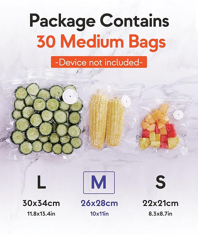 Reusable Vacuum Sealer Bags for Food – 10/30 Medium Vacuum Bags (26x28cm/10x11in), BPA-Free, Leak-Proof, Odor-Resistant – Compatible with Vacuum Sealers
