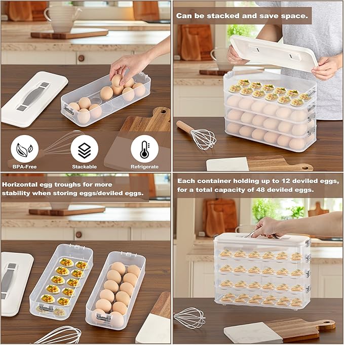 BSTKEY Deviled Egg Containers with Lid, 4 Layer Deviled Egg Platter Carrier Trays for 48 Eggs, Fridge Stackable Portable Egg Holder with Handle for Home Kitchen Party Easter Picnic