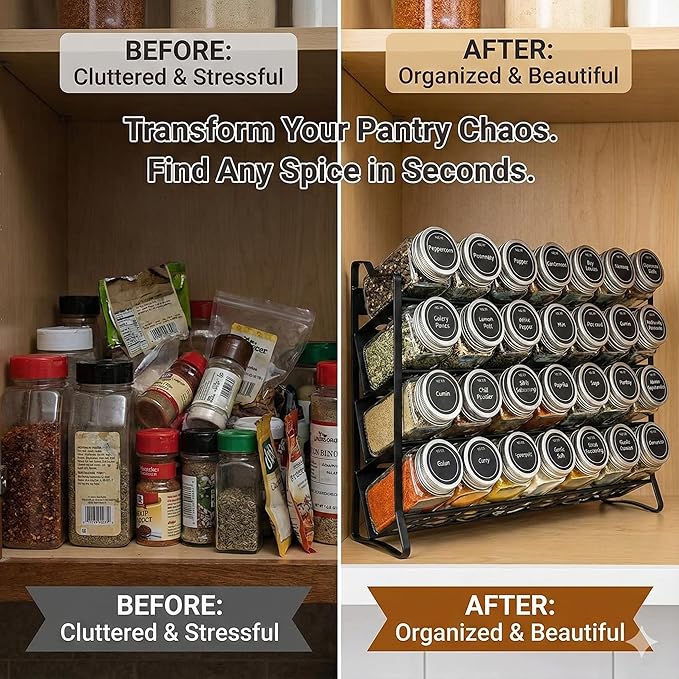 TOSCARA Spice Jar Rack Organizer for Cabinet! 28 Glass Jars with Black Lids! 4 Tier Seasoning Storage Shelf with 180 Labels, Funnel & Screws! Spices Organiser for Kitchen Countertop, Pantry, Cupboard