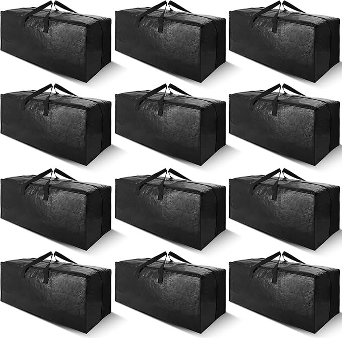 Cosy Family 12 Pack Heavy Duty Moving Bags with Backpack Straps - Strong Handles & Zippers, Storage Totes For Space Saving, Fold Flat, Alternative to Moving Box (X-Large-Set of 12, Black)