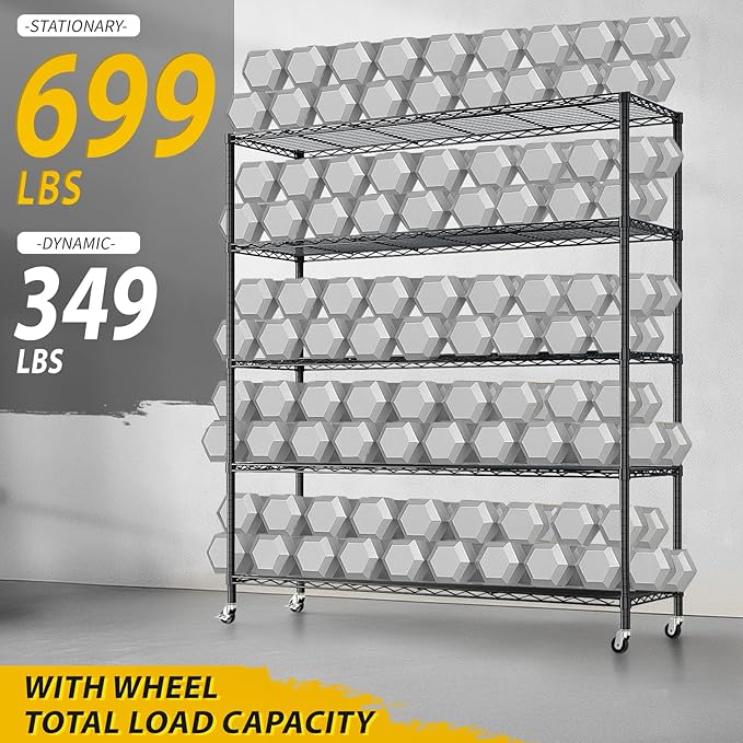 VINGLI 5 Tier Metal Storage Shelves 73''H Wire Shelving with Wheels for Storage Adjustable Heavy Duty Garage Shelving Storage Racks for Pantry Shelves Kitchen Office Garage, 73''H X46''W X17''D