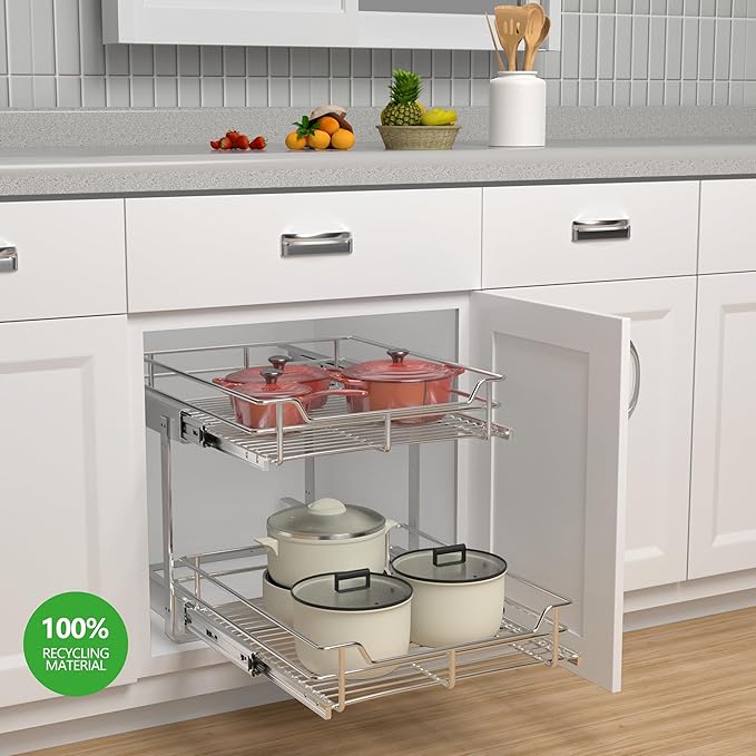 JOWBOOW 2-Tier Pull Out Cabinet Organizer (17.5" W x 22" D), Pull Out Shelves and Drawer for Kitchen Pantry Storage Basket, Heavy-Duty Metal Sliding Shelf, Chrome Finish