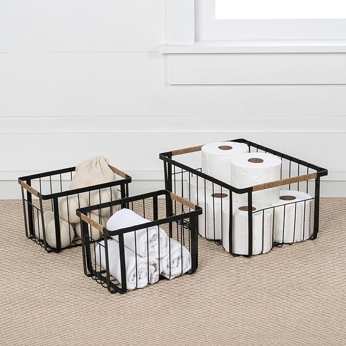 happimess BSK3003A-3SET Henley Vintage Farmhouse Wire Metal Nesting Storage Baskets with Jute Wrapped Handles for Shelves, Cabinets, Pantry, Countertop, Mesh Open Bin Basket, Black (Set of 3)