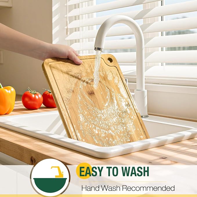 Bamboo Cutting Boards for Kitchen Set of 3, Wooden Cutting Board Non Toxic with Side Handle, HKKZYT Wood Chopping Board with Deep Juice Groove, Knife-Friendly, Kitchen Gift (Light Color)