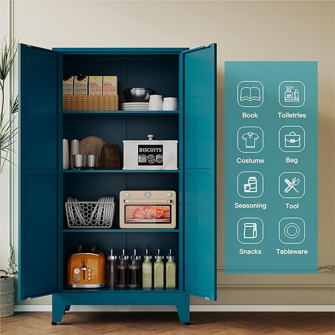 61''Metal Cabinet with 3 Adjustable Shelves,4-Tier Pantry Storage Cabinet,Kitchen Pantry Cabinets for Living Room,Dining Room, Blue