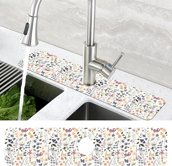 Vintage Watercolor Floral Kitchen Sink Splash Guard Mat Absorbent Fast Drying Mat Faucet Draining Mat Sink Splash Guard Behind Faucet Drip Catcher for Kitchen Bathroom 5.5"×24"