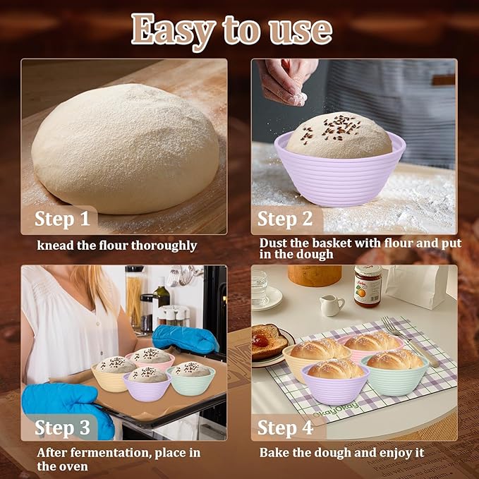 Ycgcp 4Pcs Mini Silicone Banneton Bread Proofing Baskets, 5" Sourdough Banneton Proofing Baskets, Non-Stick Round Dough Proofing Bowl Containers Oven Safe for Various Tastes Bread Making-BPA Free