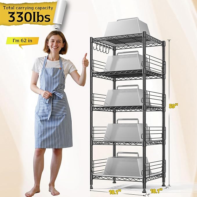 5 Tier Metal Shelving Unit Storage Shelves With Shelf Linker,Adjustable Pantry Shelves Wire Shelving with Hooks,Metal Shelf with Side Blockers for Kitchen,Closet,Office,Laundry,18.1''Wx18.1''Dx59''H