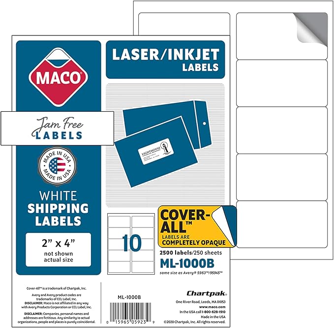 MACO Printable Labels for Shipping - Laser/Ink Jet Compatible Shipping Labels, 10 Per Sheet, 2" x 4", Box of 250 Pages/2500 Labels, White