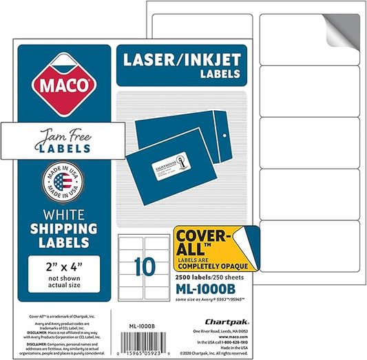 MACO Printable Labels for Shipping - Laser/Ink Jet Compatible Shipping Labels, 10 Per Sheet, 2" x 4", Box of 250 Pages/2500 Labels, White