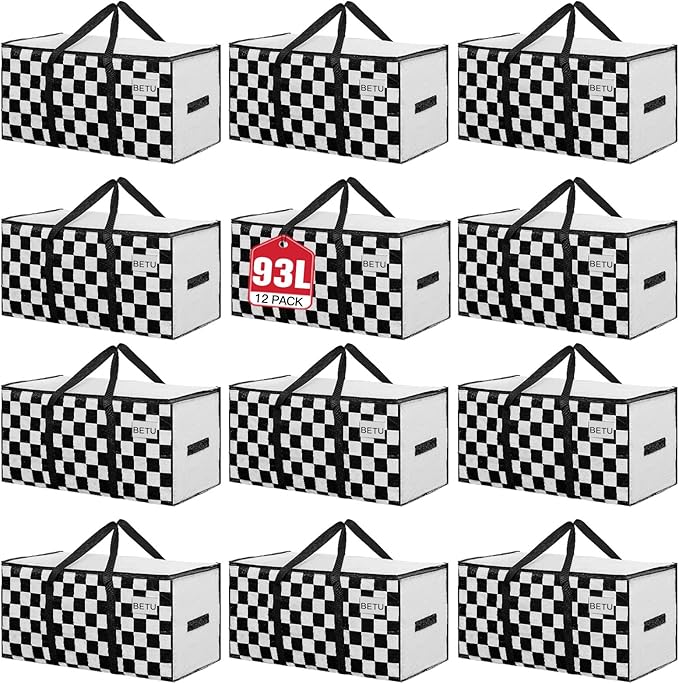 Extra Large Moving Bags Heavy Duty Storage Bags with Zipper Handles, BETU 12 Pack Clothes Storage Totes Bins Packing Moving Boxes, Moving Supplies for College Dorm Essentials, Space Saving,White Plaid