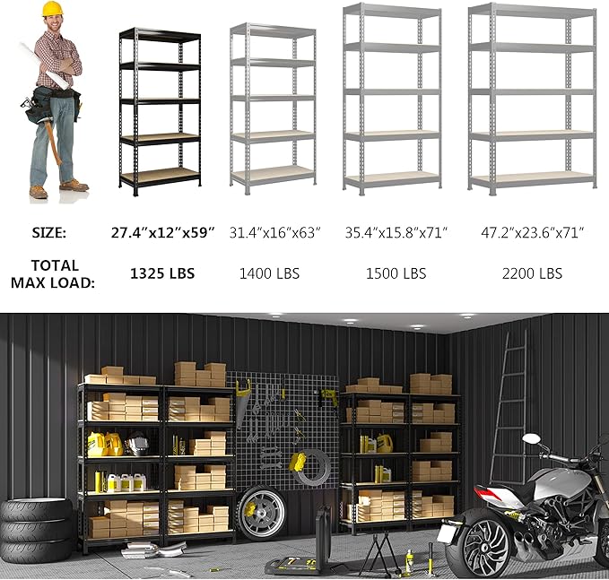 PrimeZone Storage Shelves 5 Tier Adjustable Garage Storage Shelving, Heavy Duty Metal Storage Utility Rack Organizer Shelf Unit for Warehouse Pantry Closet Kitchen Basement, 28" x 12" x 59", Black