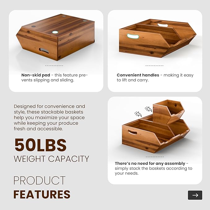 HOLANA Acacia Wood Potato and Onion Storage Bin, Potato Storage, Pantry Baskets, Vegetable Storage, Onion and Potato Storage Bins, Wooden Pantry Bins, Stackable Potato Bins (Patent Pending)