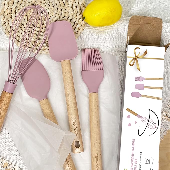Panpacific 12" Silicone Spatula Set for Nonstick Cookware - Heat Resistant With Scraper/Brush/Whisk, Wooden Handle Baking Utensil Set, 4 Piece (Cherry Pink)