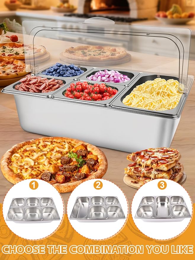 Lanstics Pizza Topping Station 7 Pans Stainless Steel Spice Organizer Salad Bar Buffet Station with Spoons Ice Boxes Buffet Containers Set for Sauce Jam Ingredient Kitchen Restaurant Pantry