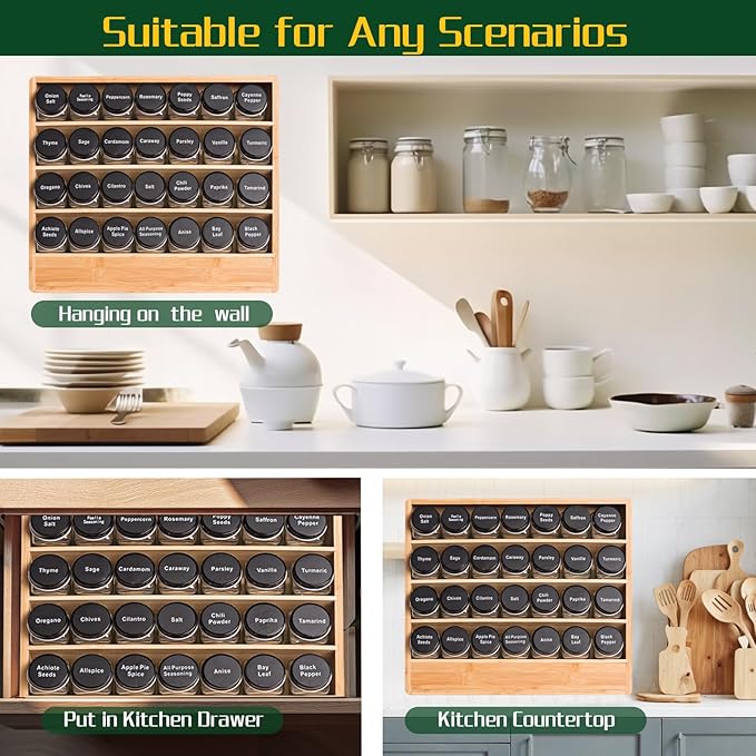 Bamboo Tiered Spice Rack Organizer for Cabinet,Wooden Seasoning Rack for Countertop, Cupboard, Pantry, Kitchen (Spice Jars Not Included)