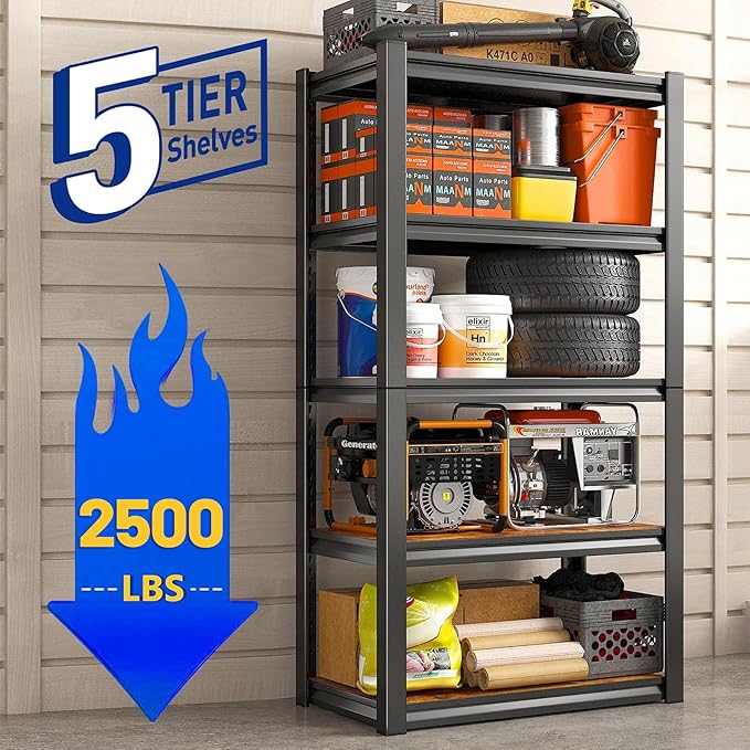 REIBII 2500LBS Storage Shelves, 5 Tier Adjustable Pantry Shelves, Metal Shelving Unit for Closet, Kitchen, Pantry, Laundry, 24.4''W X 16.4''D X 60''H, Black