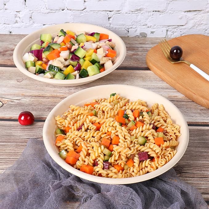 JAYEEY 24 oz Round Disposable salad bowls with lids,Sugarcane Paper Bowls take away food containers Bagasse Plant Fibers 50 Pack