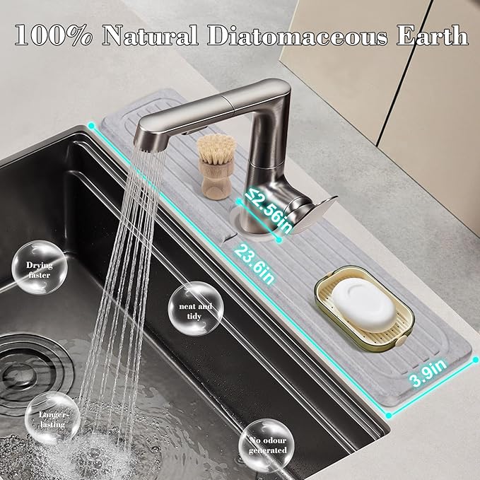 Stone Faucet Mat for Kitchen Sink, 23.6" Diatomite Drying Stone Kitchen Sink Mat Super Absorbent, Stone Kitchen Sink Splash Guard, Sink Stone Quick Dry Around Faucet for Kitchen Bathroom Counter