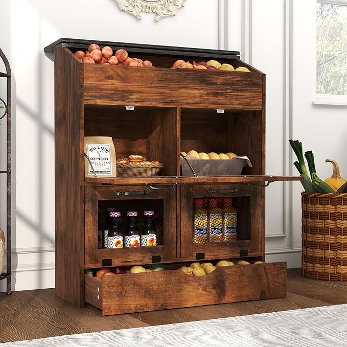 Verano Garden Large Potato Storage Bin, Wooden Bread Box with Lid, Potato and Onion Storage Bin with 4 Mesh Doors & Removable Drawer, Kitchen Fruit and Vegetable Storage Cabinet(Rustic Brown, 31.5")