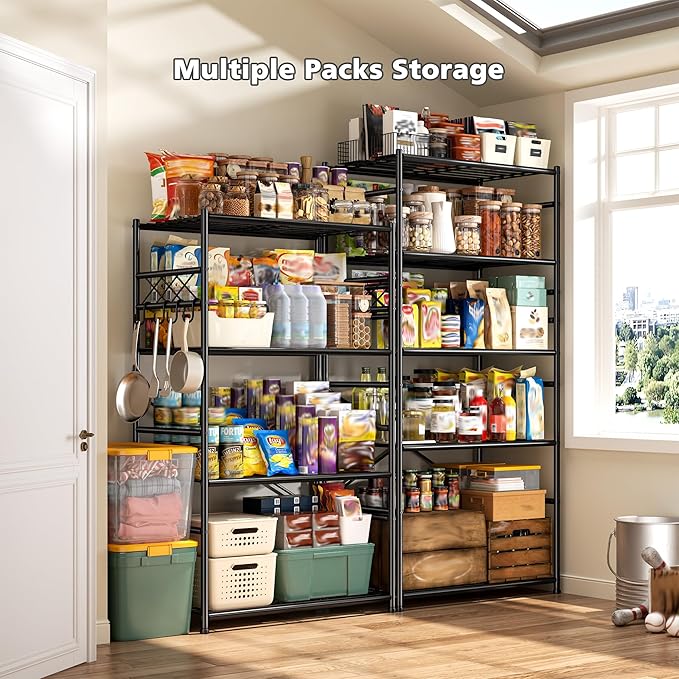 Storage Shelves 4 Tier Shelf Organizer,Metaling Shelving with Hooks,Heavy Duty Garage Shelves Unit with Leveling Feet,Wire Shelving for Pantry,Kitchen and Closet,23.6" W x 13.8" D x 60.4" H
