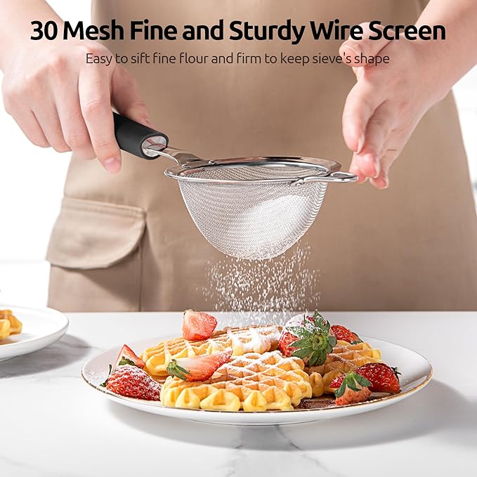 U-Taste Fine Mesh Food Strainer: 18/8 Stainless Steel 30 Mesh Kitchen Sieve with Sturdy Riveted Silicone Handle, Heavy Duty Deep Handheld Metal Colander (Small/3.35in+Medium/4.73, Black)