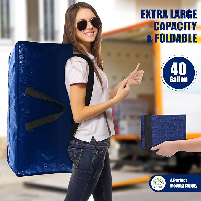 Cosy Family 8 Pack Heavy Duty Extra Large Moving Bags with Backpack Straps - Strong Handles & Zippers, Storage Totes For Space Saving, Fold Flat, Alternative to Moving Box (40 gal, Blue)