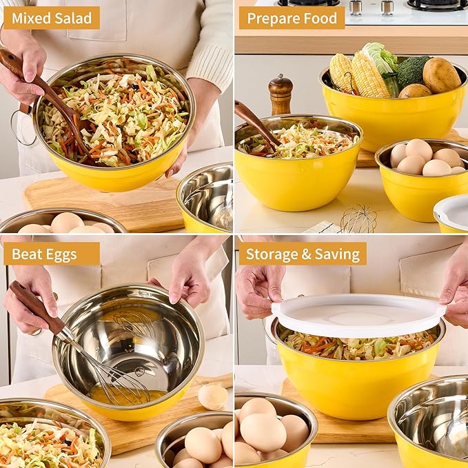 Moxinox Yellow Mixing Bowls with Airtight Lids, Stainless Steel Nesting Mixing Bowls Set of 7, Ideal for Baking, Prepping and Serving Food, Size 7, 3.6, 2.7, 2.1, 1.5, 1.1,0.8 QT, Stackable Design