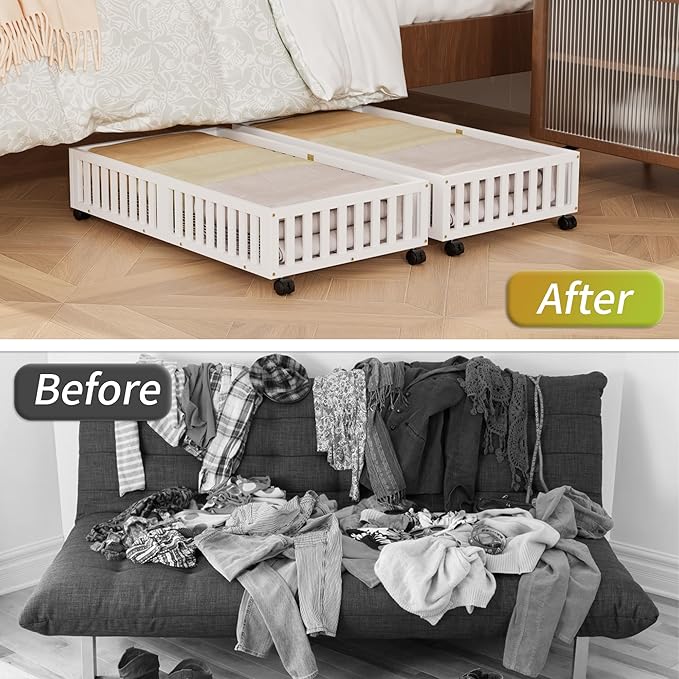 Bamboo Under Bed Storage with Wheels,Rolling Underbed Shoe Organizer Box for Shoes,Blankets,Toys,Clothes Container Space-Saving Bins for Bedroom,Closet,Dorm,Nursery